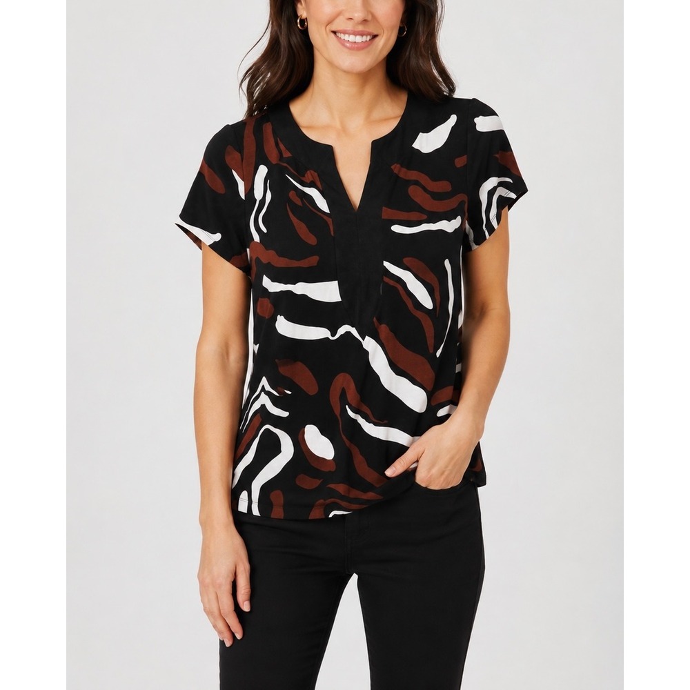 Chico's V-Neck Top Women Medium Black Brown Abstract Swirl Stretch Blouse Chic